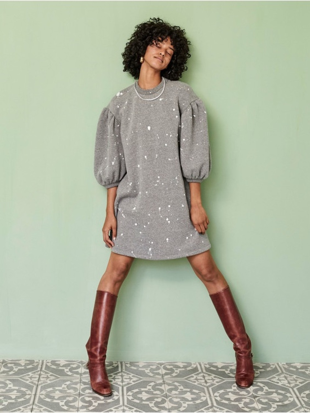 Clare V Sweatshirt Dress Womens M  Drop Shoulder Puff Balloon Sleeve Grey Splash